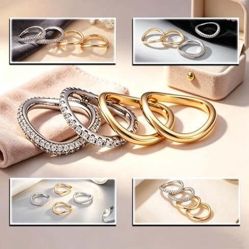 Stackable Gold Rings for Women Wavy Band Mixed Metals Dainty 14K Gold Plated Cubic Zirconia Wedding Ring Set Minimalist Promise Engagement Eternity Ring Stack Jewelry Size 5-11 in Saudi Arabia