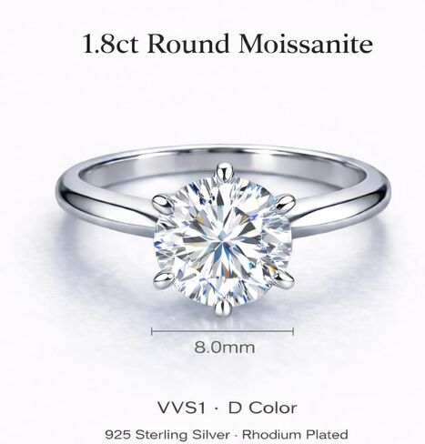 Moissanite Ring for Women, 1.8 ct Round Cut Lab Grown Moissanite Solitaire Ring, Rhodium Plated 925 Sterling Silver, Promise Engagement Ring Fine Jewelry Gift for Her in Saudi Arabia