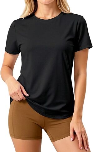 LETSEE Workout Short Sleeve Tops for Women Side Slit Hem Tee Crew Neck T-Shirt Lightweight Everyday Basic Top in Kuwait