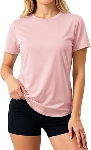 LETSEE Workout Short Sleeve Tops for Women Side Slit Hem Tee Crew Neck T-Shirt Lightweight Everyday Basic Top in Kuwait