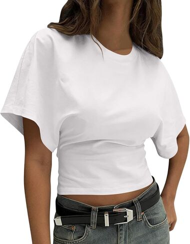 القمصان الكلاسيكية للمرأة Crewneck تشديد الخصر تي شيرت عادية قصيرة الأكمام تجريب القمم بلون الأساسية تيز in Kuwait