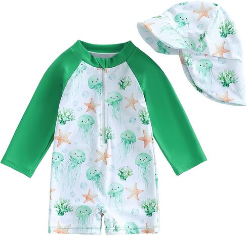 Infant Baby Girls Boys Swimsuit Zipper Rash Guard Toddler One Piece Swimwear Newborn Bathing Suit with Hat in Kuwait