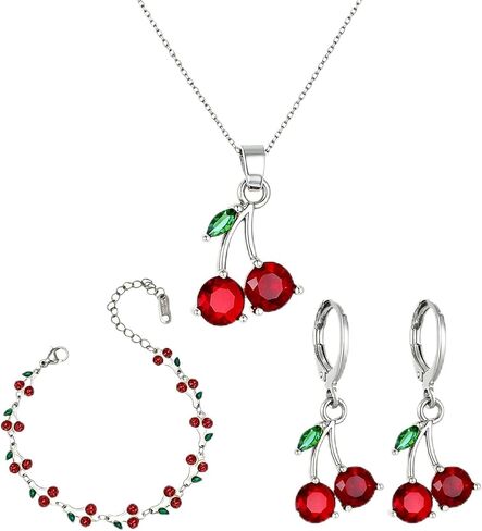 MALOYANVE Red Cherry Jewelry Set for Women 18K Gold Plated Sweet Fruit Dainty Cubic Zirconia Cherry Earring Necklace and Bracelet Summer Tropical Charm Accessories in Kuwait