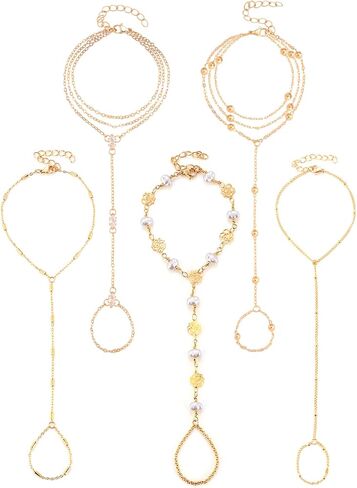 ILGANT 5PCS Gold Hand Chain Bracelets Set 14K Gold Plated Dainty Adjustable Ring Bracelet Hand Chain Trendy Bracelet Stack Jewelry in Saudi Arabia