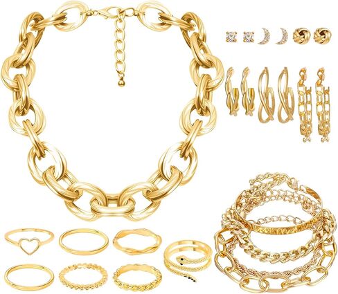 NEWITIN 28 Pieces Chunky Gold Jewelry Set for Women Fashion Costume Jewelry Gold Plated Chunky Necklace Chain Bracelet Ring Hoop Earrings Set for Women in Kuwait