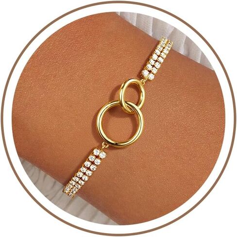 Turandoss Gold Bracelets for Women - Dainty Bow Tennis Bracelets for Women Trendy 14K Gold Plated Interlocking Circle Heart Bracelet Stackable Bow Wave Tennis Bracelet Jewelry Gifts for Girls Her in Kuwait