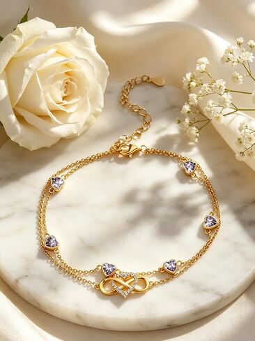 Midari 18K Gold Infinity Birthstone Bracelet/Anklet 18K Gold Plated Infinity Bracele/Anklet with 12 Months Heart Birthstone Birthday Jewelry Gifts for Women in Saudi Arabia
