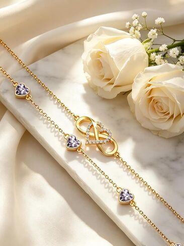 Midari 18K Gold Infinity Birthstone Bracelet/Anklet 18K Gold Plated Infinity Bracele/Anklet with 12 Months Heart Birthstone Birthday Jewelry Gifts for Women in Saudi Arabia