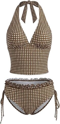 MakeMeChic Women's Gingham Tankini Swimsuit Halter Ruffle High Waisted Modest Two Piece Bathing Suits in Kuwait