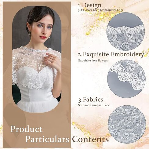 NICENEEDED Women Lace Wedding Shawls Wrap, Bridal Embroidered Shrug Cape, White Cape Shoulder Covers Up Evening Prom Party Dress in Kuwait