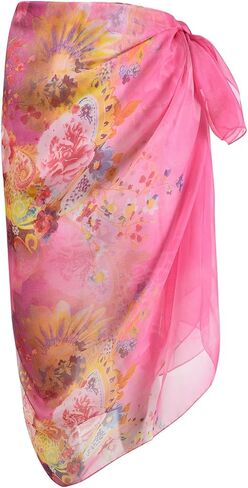 OurLore Womens Swimwear Chiffon Cover up Printed Floral Beach Sarong Swimsuit Lightweight Bikini Wrap Sheer Mesh Shawl Scarf in Saudi Arabia