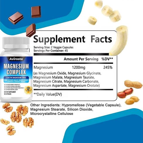 8 in 1 Magnesium Complex Supplement - 8 Elemental 1000mg - Magnesium Glycinate, Citrate, Malate, Taurate - High Absorption,for Muscle, Nerve & Sleep Support - 90 Capsules in Saudi Arabia