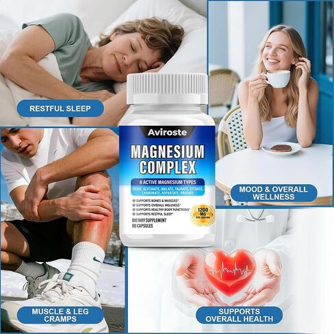 8 in 1 Magnesium Complex Supplement - 8 Elemental 1000mg - Magnesium Glycinate, Citrate, Malate, Taurate - High Absorption,for Muscle, Nerve & Sleep Support - 90 Capsules in Saudi Arabia
