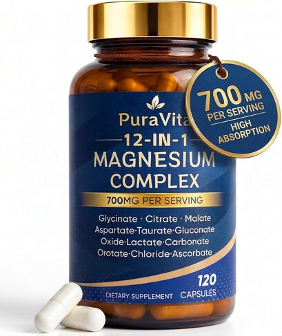 Puravita 12 in 1 Magnesium, Magnesium Complex for Women Men, 700mg High Absorption, Glycinate, Citrate, Malate, Oxide, Taurat, Relaxation & Energy Support, Vegan 120 Capsules (A) in Saudi Arabia