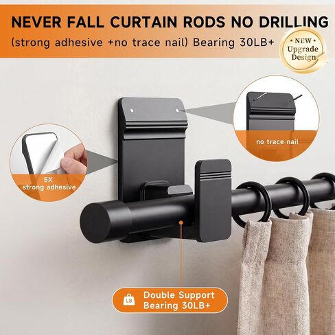 No Drill Curtain Rods for Windows 30 to 45 Inches,【Upgrade Dual Support】 Adhesive & Invisible Nail 5/8 Inch Curtain Rod No Drilling, Renter Friendly for Apartments Dorms, Black in Saudi Arabia