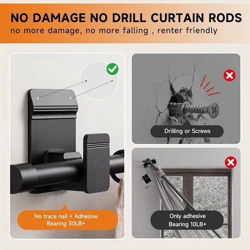 No Drill Curtain Rods for Windows 30 to 45 Inches,【Upgrade Dual Support】 Adhesive & Invisible Nail 5/8 Inch Curtain Rod No Drilling, Renter Friendly for Apartments Dorms, Black in Saudi Arabia