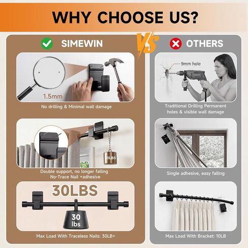 No Drill Curtain Rods for Windows 30 to 45 Inches,【Upgrade Dual Support】 Adhesive & Invisible Nail 5/8 Inch Curtain Rod No Drilling, Renter Friendly for Apartments Dorms, Black in Saudi Arabia