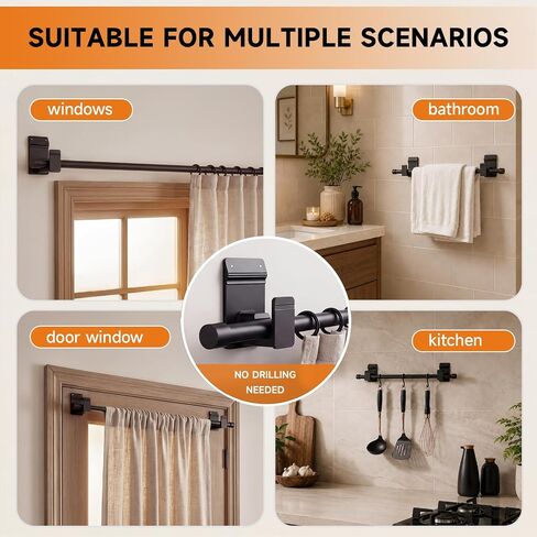 No Drill Curtain Rods for Windows 30 to 45 Inches,【Upgrade Dual Support】 Adhesive & Invisible Nail 5/8 Inch Curtain Rod No Drilling, Renter Friendly for Apartments Dorms, Black in Saudi Arabia