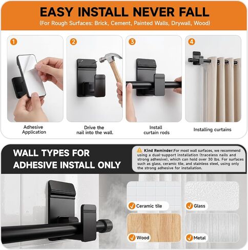 No Drill Curtain Rods for Windows 30 to 45 Inches,【Upgrade Dual Support】 Adhesive & Invisible Nail 5/8 Inch Curtain Rod No Drilling, Renter Friendly for Apartments Dorms, Black in Saudi Arabia