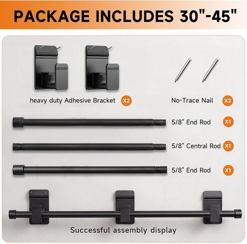 No Drill Curtain Rods for Windows 30 to 45 Inches,【Upgrade Dual Support】 Adhesive & Invisible Nail 5/8 Inch Curtain Rod No Drilling, Renter Friendly for Apartments Dorms, Black in Saudi Arabia