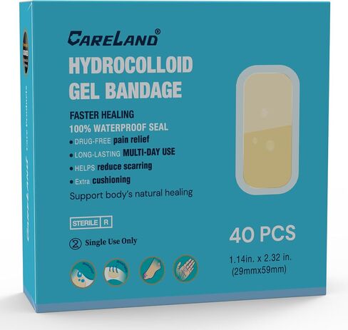 Careland Advanced Hydrocolloid Gel Bandages - Waterproof Blister Bandages 1.14×2.32in, 40 Pack for Blister Prevention & Pain-Free Healing in Kuwait