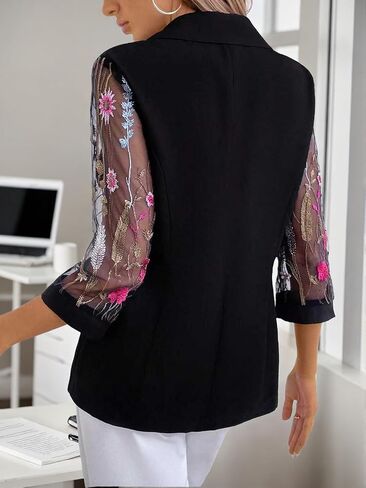 Women's Floral Embroidered Mesh Sleeve Blazer Lightweight Button Down Blazer Jacket Casual Office and Party Outerwear in Kuwait