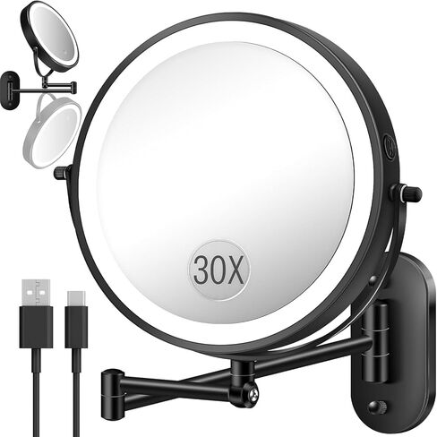 30X/1X Wall Mounted Lighted Makeup Mirror, 9'' Height Adjustable Double Sided 5000mAh Rechargeable Magnifying Bathroom Mirror with Light, 3 Color Modes Touch Dimmable Extended Arm 360 Rotation in Saudi Arabia