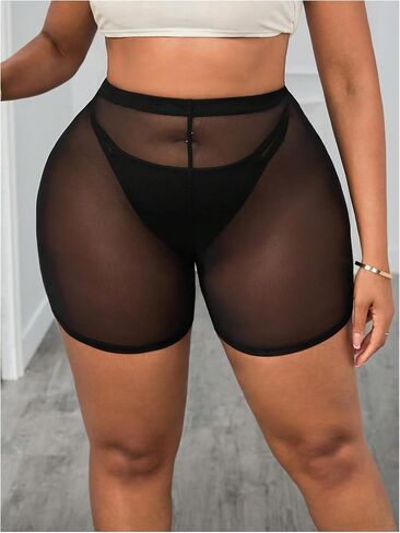 WDIRARA Women's Plus Size Sheer Mesh Biker Shorts Workout Gym See Through Short Leggings in Kuwait