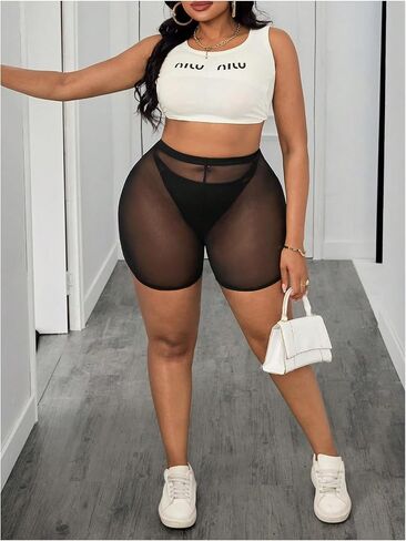 WDIRARA Women's Plus Size Sheer Mesh Biker Shorts Workout Gym See Through Short Leggings in Kuwait