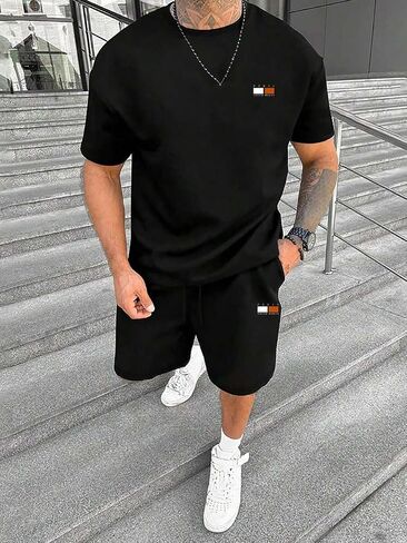 Men's Summer Letter Print Round Neck Short Sleeve Casual T-Shirt And Drawstring Waist Shorts 2Pcs Set Tracksuits in Kuwait