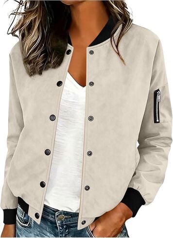 Bomber Jacket Women Faux Suede Button Front Cropped Jackets Ribbed Trim Long Sleeve Lined Coat Casual Fall Outerwear in Saudi Arabia