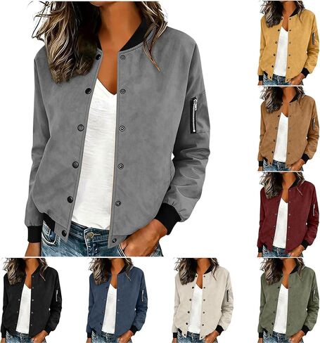 Bomber Jacket Women Faux Suede Button Front Cropped Jackets Ribbed Trim Long Sleeve Lined Coat Casual Fall Outerwear in Saudi Arabia