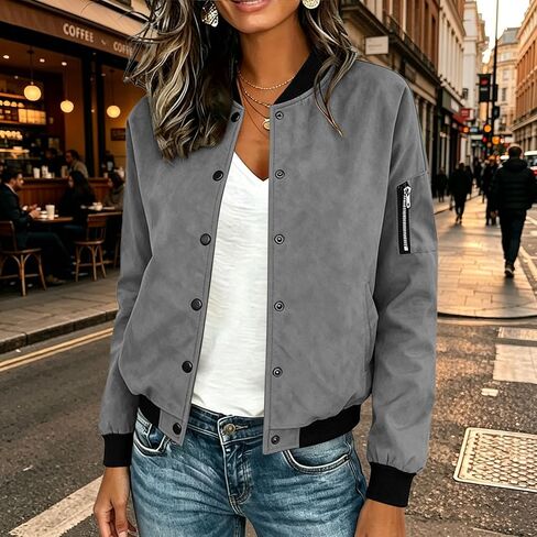 Bomber Jacket Women Faux Suede Button Front Cropped Jackets Ribbed Trim Long Sleeve Lined Coat Casual Fall Outerwear in Saudi Arabia