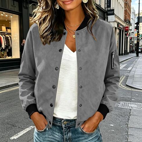 Bomber Jacket Women Faux Suede Button Front Cropped Jackets Ribbed Trim Long Sleeve Lined Coat Casual Fall Outerwear in Saudi Arabia