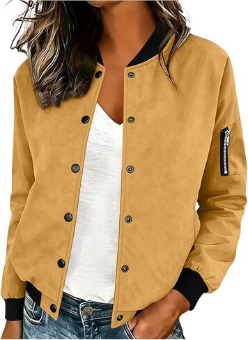 Bomber Jacket Women Faux Suede Button Front Cropped Jackets Ribbed Trim Long Sleeve Lined Coat Casual Fall Outerwear in Saudi Arabia