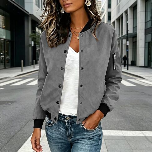 Bomber Jacket Women Faux Suede Button Front Cropped Jackets Ribbed Trim Long Sleeve Lined Coat Casual Fall Outerwear in Saudi Arabia
