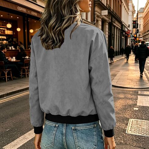 Bomber Jacket Women Faux Suede Button Front Cropped Jackets Ribbed Trim Long Sleeve Lined Coat Casual Fall Outerwear in Saudi Arabia