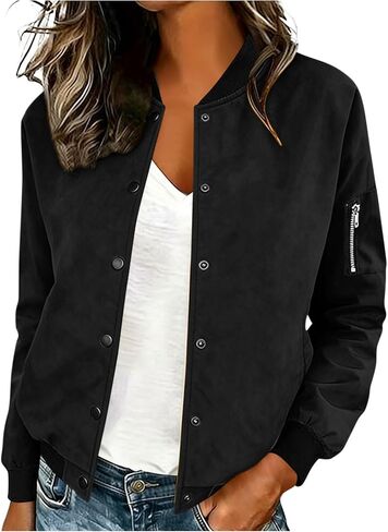 Bomber Jacket Women Faux Suede Button Front Cropped Jackets Ribbed Trim Long Sleeve Lined Coat Casual Fall Outerwear in Saudi Arabia