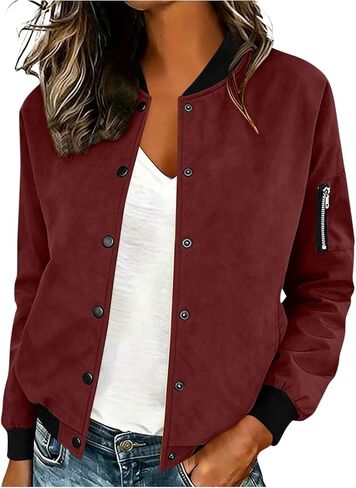 Bomber Jacket Women Faux Suede Button Front Cropped Jackets Ribbed Trim Long Sleeve Lined Coat Casual Fall Outerwear in Saudi Arabia