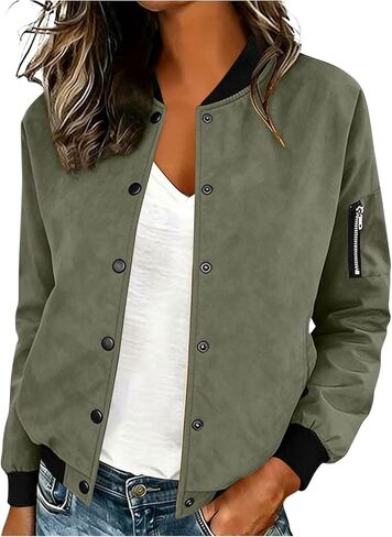 Bomber Jacket Women Faux Suede Button Front Cropped Jackets Ribbed Trim Long Sleeve Lined Coat Casual Fall Outerwear in Saudi Arabia