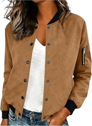 Bomber Jacket Women Faux Suede Button Front Cropped Jackets Ribbed Trim Long Sleeve Lined Coat Casual Fall Outerwear in Saudi Arabia