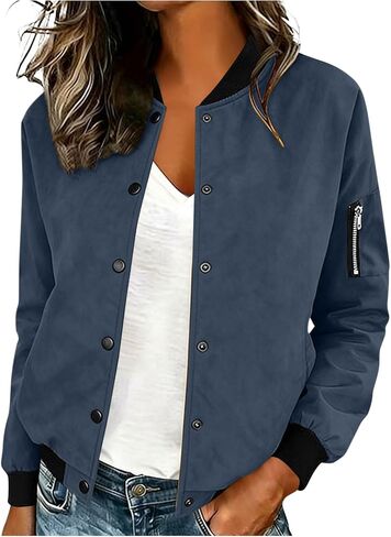 Bomber Jacket Women Faux Suede Button Front Cropped Jackets Ribbed Trim Long Sleeve Lined Coat Casual Fall Outerwear in Saudi Arabia