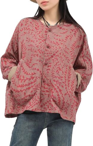 Women's Casual Jacket-Shirt Autumn Botanical Print Linen Long Sleeve Top Breathable Wind Resistant Outerwear Coat in Saudi Arabia