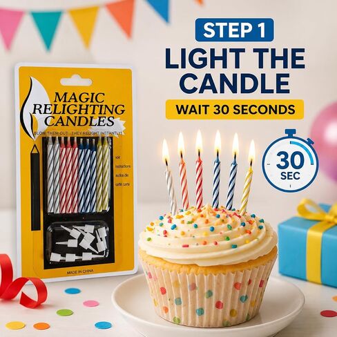 Trick Relighting Birthday Candles, Magic Self Relight Cake Candles, Prank Novelty Candle for Birthday and April Fools Day (20) in Kuwait