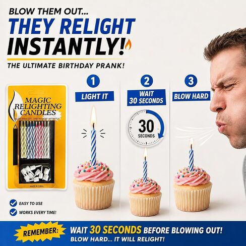 Trick Relighting Birthday Candles, Magic Self Relight Cake Candles, Prank Novelty Candle for Birthday and April Fools Day (20) in Kuwait