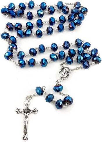 Blue Iris Crystal Beads Rosary Catholic Necklace Holy Soil Medal & Crucifix in Saudi Arabia