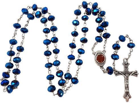 Blue Iris Crystal Beads Rosary Catholic Necklace Holy Soil Medal & Crucifix in Saudi Arabia
