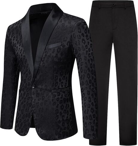 Men's Black Leopard Jacquard Tuxedo Suit Set, Slim Fit 2 Piece Shawl Lapel Blazer and Pants for Prom Wedding Banquet Party in Saudi Arabia