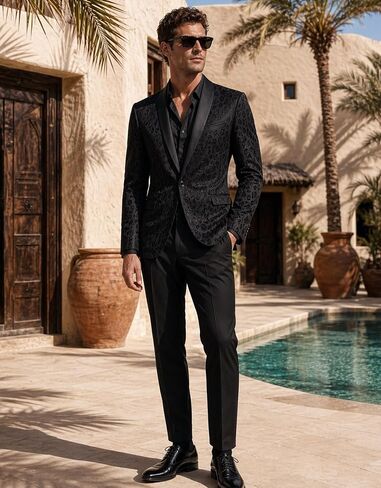 Men's Black Leopard Jacquard Tuxedo Suit Set, Slim Fit 2 Piece Shawl Lapel Blazer and Pants for Prom Wedding Banquet Party in Saudi Arabia