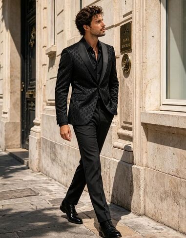 Men's Black Leopard Jacquard Tuxedo Suit Set, Slim Fit 2 Piece Shawl Lapel Blazer and Pants for Prom Wedding Banquet Party in Saudi Arabia